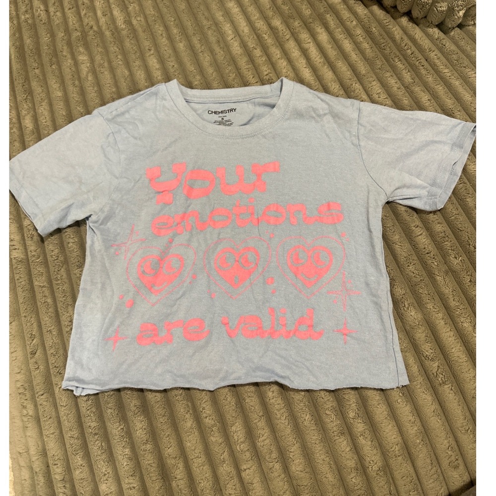 Chemistry Your Emotions Are Valid Graphic Crop Top Light Blue Pink Hearts Small